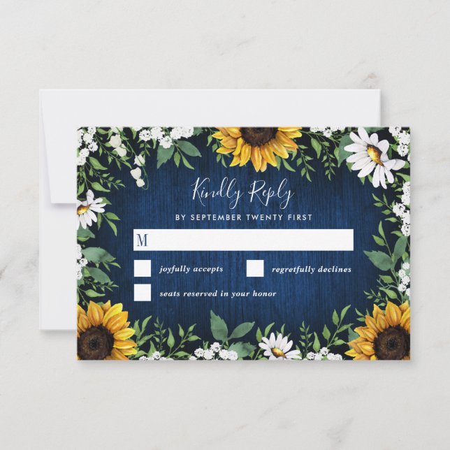 Tarjetas RSVP de la boda rústica del girasol azul  (Anverso)