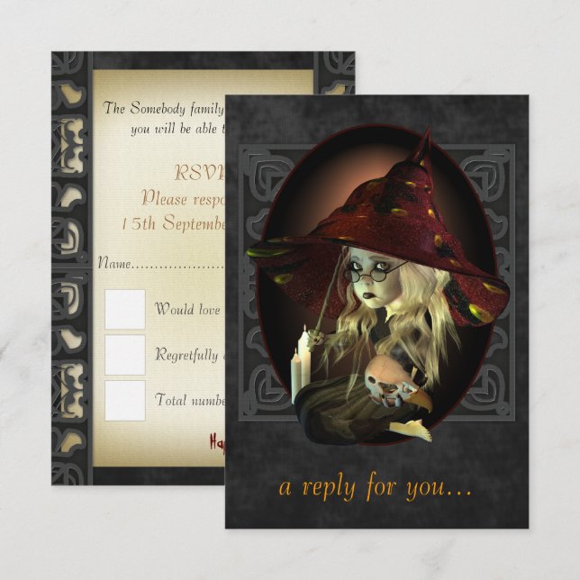 Tarjetas RSVP de la fiesta de la pequeña bruja de  (Anverso / Reverso)