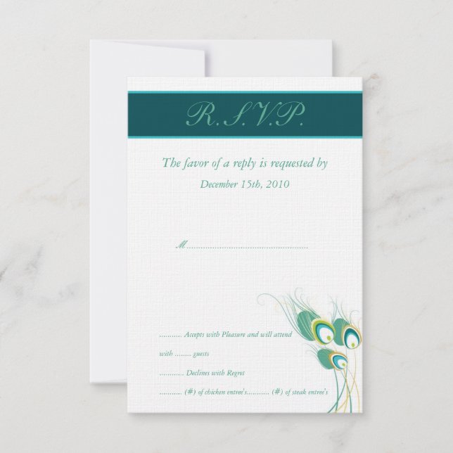 Tarjetas RSVP de la moderna boda de pavo real Verd (Anverso)