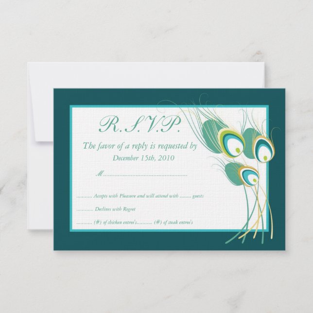 Tarjetas RSVP de la moderna boda de pavo real Verd (Anverso)