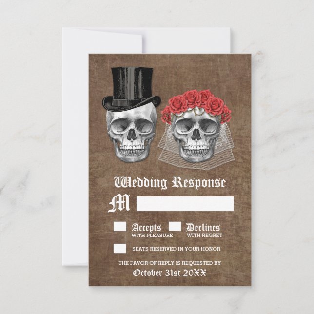 Tarjetas RSVP de la pareja de cráneos muertos (Anverso)