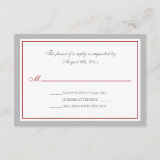 Tarjetas RSVP de la recepción de la boda roja gris