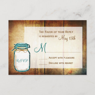 Tarjetas RSVP de la verde azulada Mason Jar Barn W