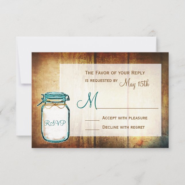 Tarjetas RSVP de la verde azulada Mason Jar Barn W (Anverso)