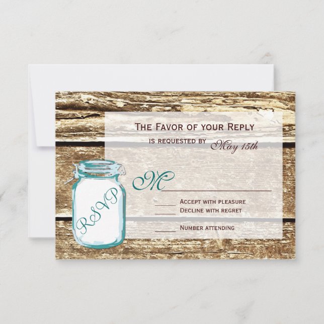 Tarjetas RSVP de la verde azulada Mason Jar Rustic (Anverso)