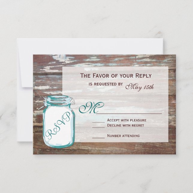 Tarjetas RSVP de la verde azulada Mason Jar Rustic (Anverso)