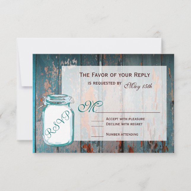 Tarjetas RSVP de la verde azulada Mason Jar Rustic (Anverso)