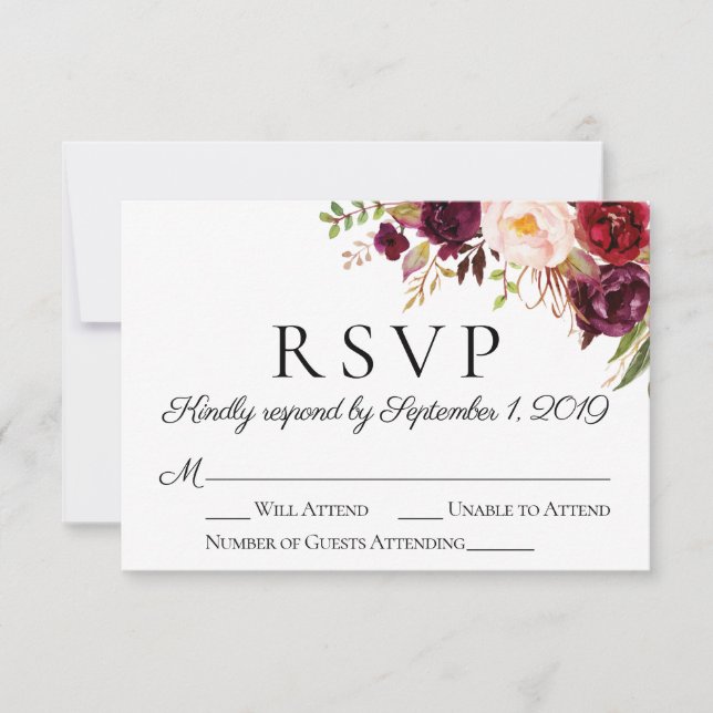 Tarjetas RSVP de Marsala y Boda Floral Rosa (Anverso)