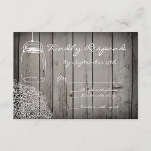 Tarjetas RSVP de Mason Jar Lace Barn Wood Wedding