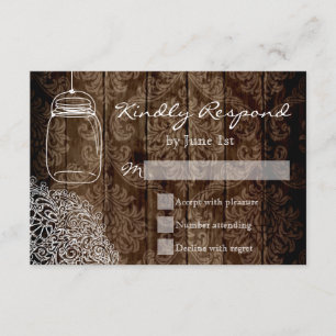Tarjetas RSVP de Mason Jar Lace Barn Wood Wedding