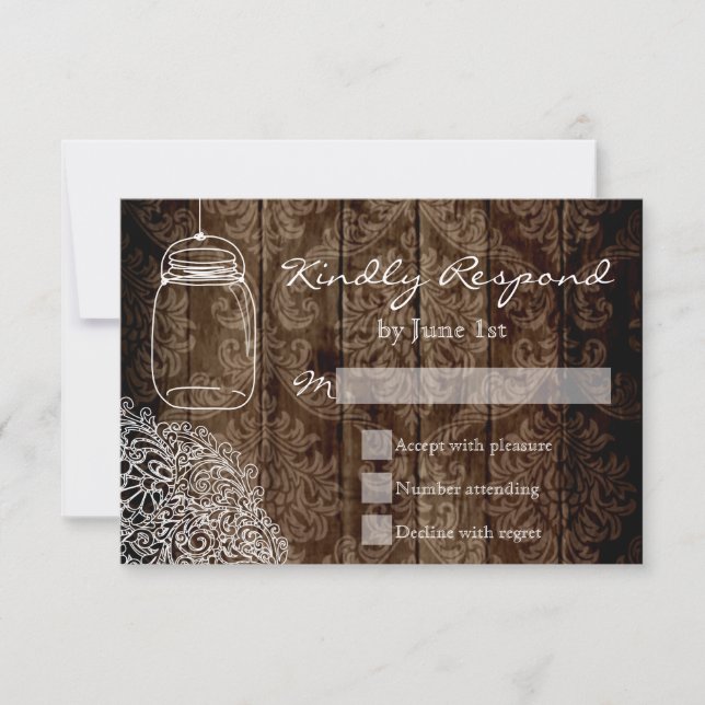Tarjetas RSVP de Mason Jar Lace Barn Wood Wedding (Anverso)