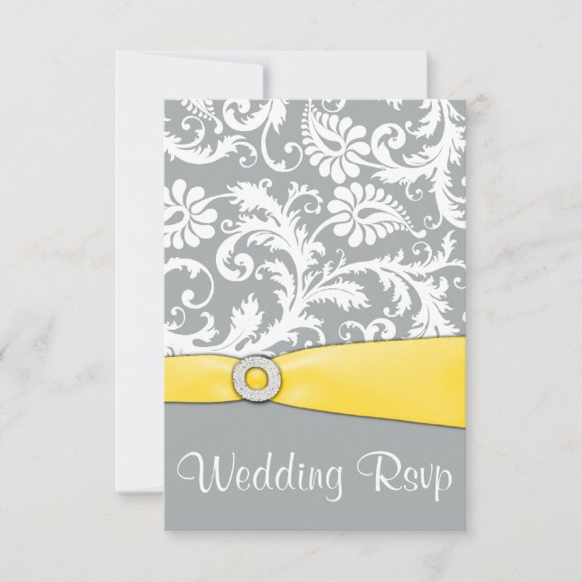 Tarjetas RSVP de matrimonio blanco amarillo y gris (Anverso)