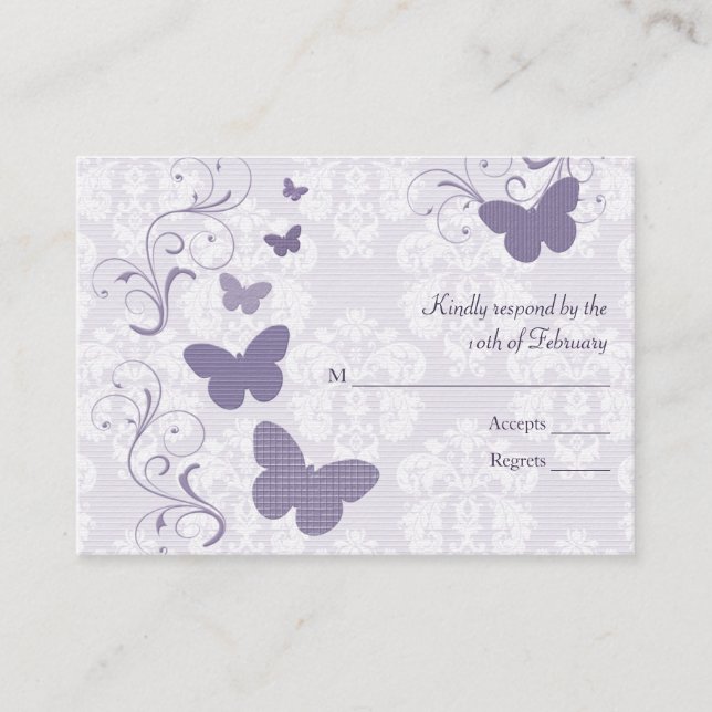 Tarjetas RSVP de matrimonio con mariposa morada (Anverso)