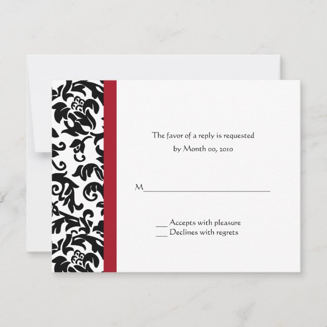 Tarjetas RSVP de matrimonio Damask rojo y negro (Anverso)