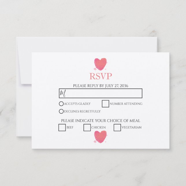 Tarjetas RSVP de matrimonio de corazón de acuarela (Anverso)