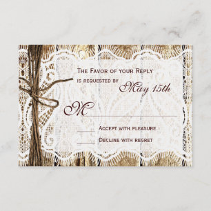 Tarjetas RSVP de matrimonio de encaje de madera de