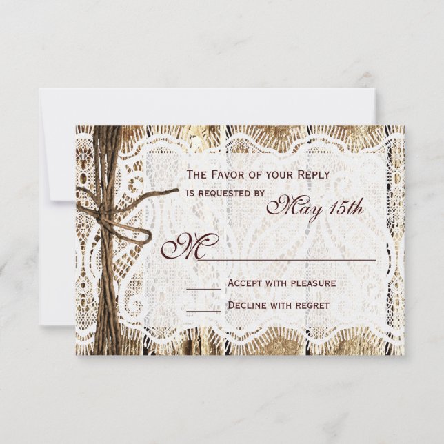 Tarjetas RSVP de matrimonio de encaje de madera de (Anverso)