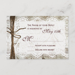 Tarjetas RSVP de matrimonio de encaje de madera de