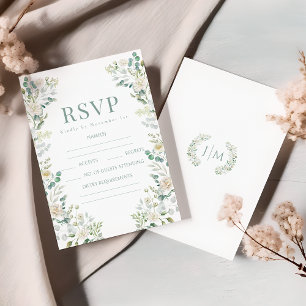 Tarjetas RSVP de matrimonio de Eucalipto de rosas