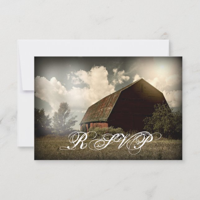 Tarjetas RSVP de matrimonio de granero rústico (Anverso)