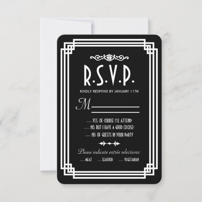 Tarjetas RSVP de matrimonio en blanco y negro (Anverso)