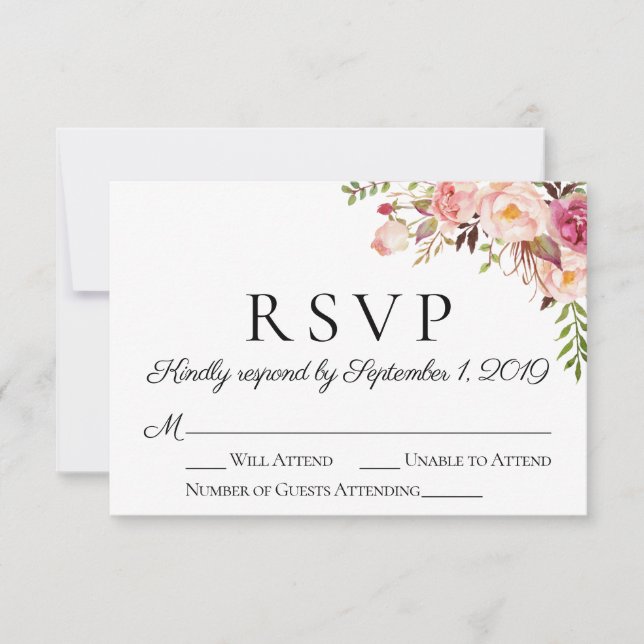 Tarjetas RSVP de matrimonio floral rosado rústico (Anverso)