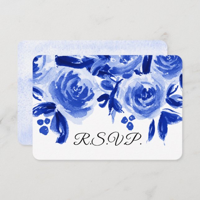 Tarjetas RSVP de matrimonio floral Royal Blue Wate (Anverso / Reverso)