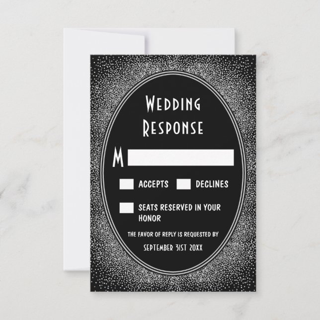 Tarjetas RSVP de matrimonio negro y Relieve metali (Anverso)