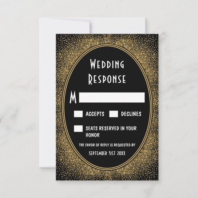 Tarjetas RSVP de matrimonio negro y Relieve metali (Anverso)