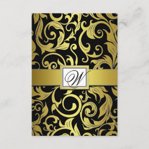 Tarjetas RSVP de Monograma Gold y Black Damask Wed