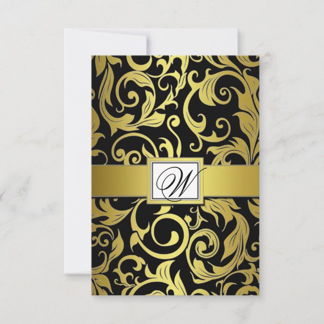 Tarjetas RSVP de Monograma Gold y Black Damask Wed (Anverso)