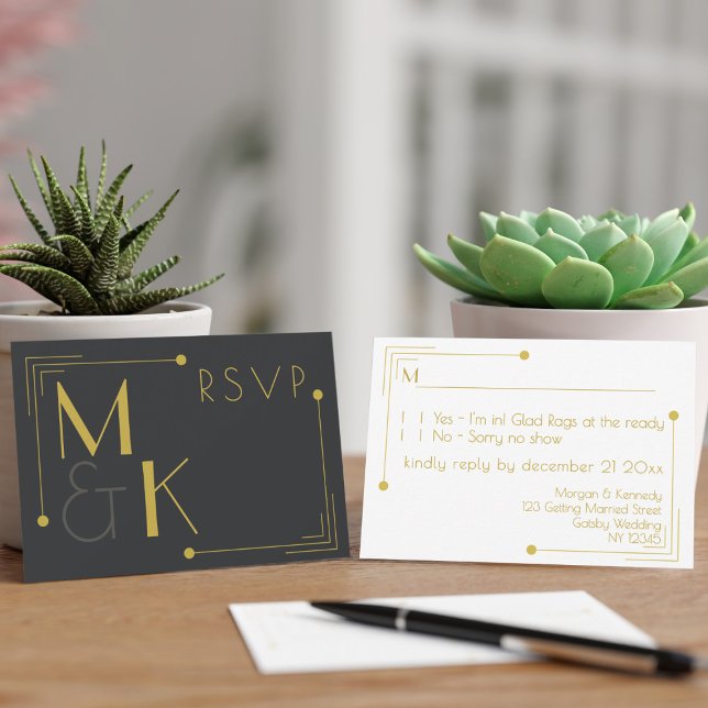 Tarjetas RSVP de oro negro Boda Art Deco 1920 (RSVP for your 1920s theme Gatsby Wedding. Just add your details)