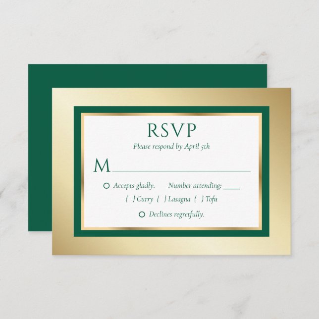 Tarjetas RSVP de personalizado Emerald Green y Gol (Anverso / Reverso)