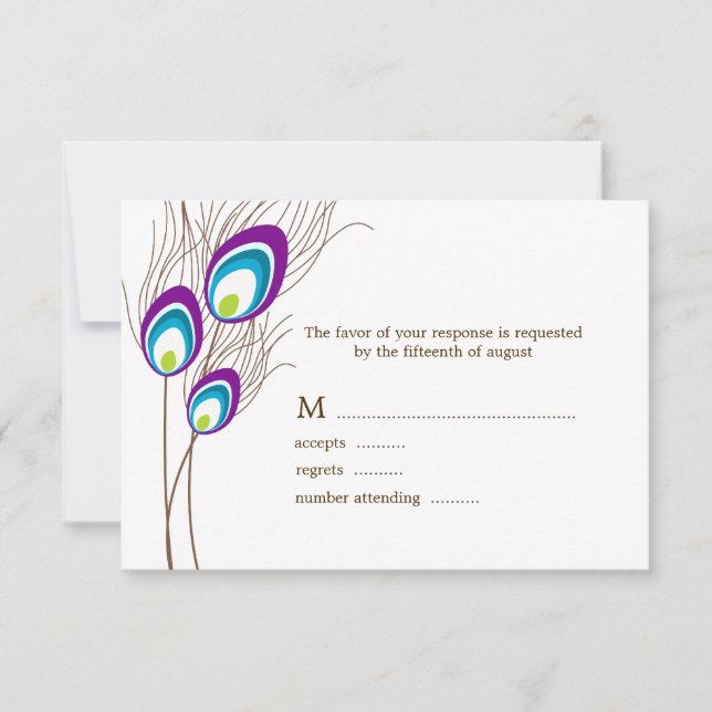 Tarjetas RSVP de plumas de pavo real púrpura (Anverso)