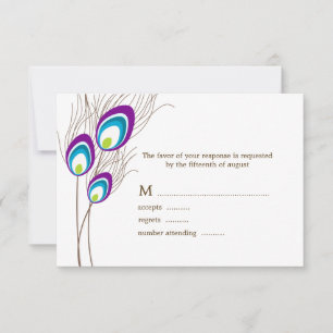 Tarjetas RSVP de plumas de pavo real púrpura