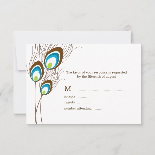 Tarjetas RSVP de plumas de pavo real verde azulada (Anverso)