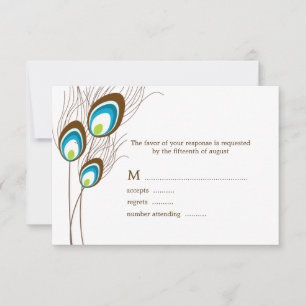 Tarjetas RSVP de plumas de pavo real verde azulada