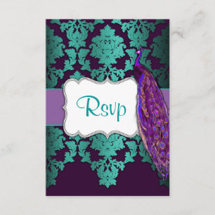 Tarjetas RSVP de Purple Peacock y Damask Verde azu