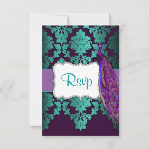 Tarjetas RSVP de Purple Peacock y Damask Verde azu