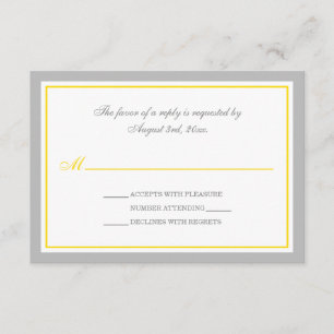 Tarjetas RSVP de recepción de boda gris y amarilla