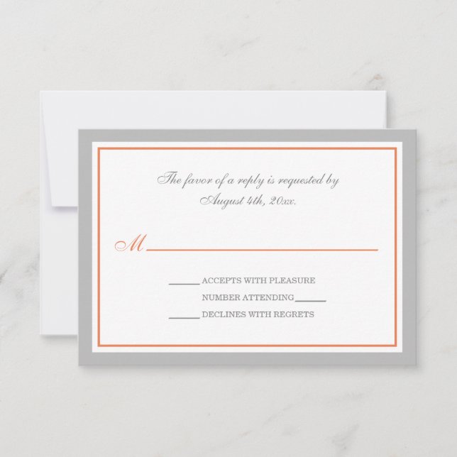 Tarjetas RSVP de recepción de boda gris y Naranja (Anverso)