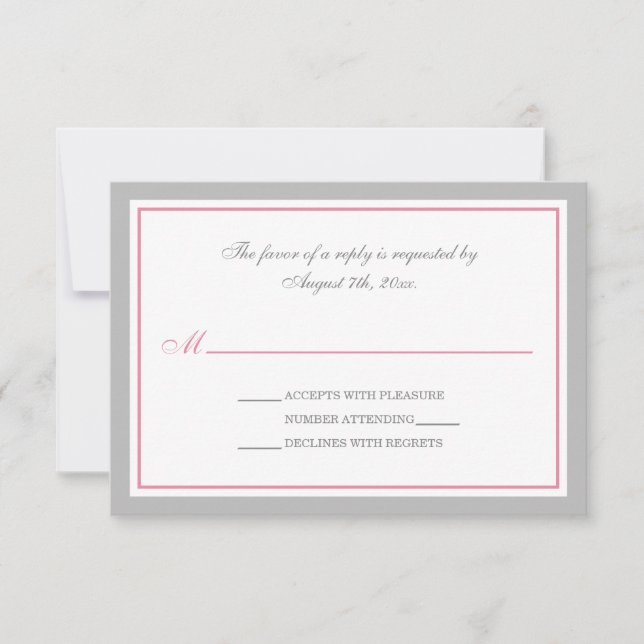 Tarjetas RSVP de recepción de boda gris y rosa (Anverso)