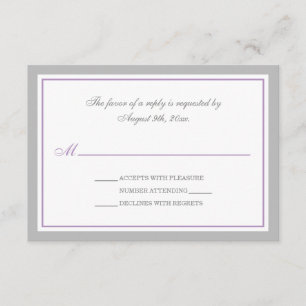 Tarjetas RSVP de recepción de bodas grises y púrpu