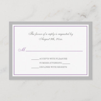 Tarjetas RSVP de recepción de bodas grises y púrpu