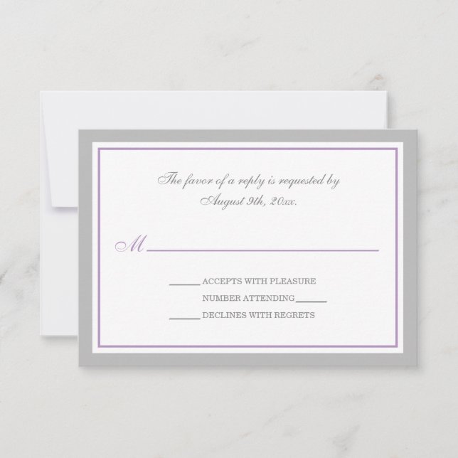 Tarjetas RSVP de recepción de bodas grises y púrpu (Anverso)