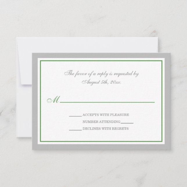 Tarjetas RSVP de recepción de bodas grises y verde (Anverso)