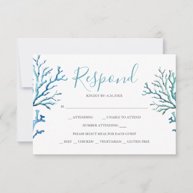 Tarjetas RSVP de respuesta al coral azul (Anverso)