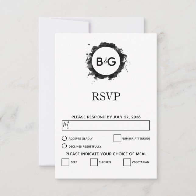 Tarjetas RSVP de simple boda blanca negra (Anverso)