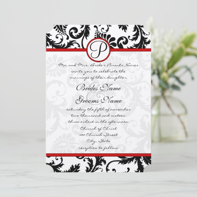 Tarjetas RSVP de Swirl Black Damask Swirl Red Blac (Anverso de pie)