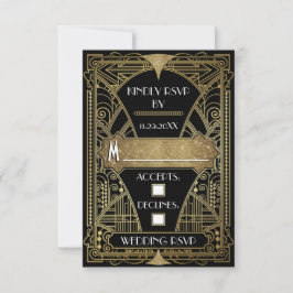 Tarjetas RSVP de Vintage Black & Gold Art Deco Wed